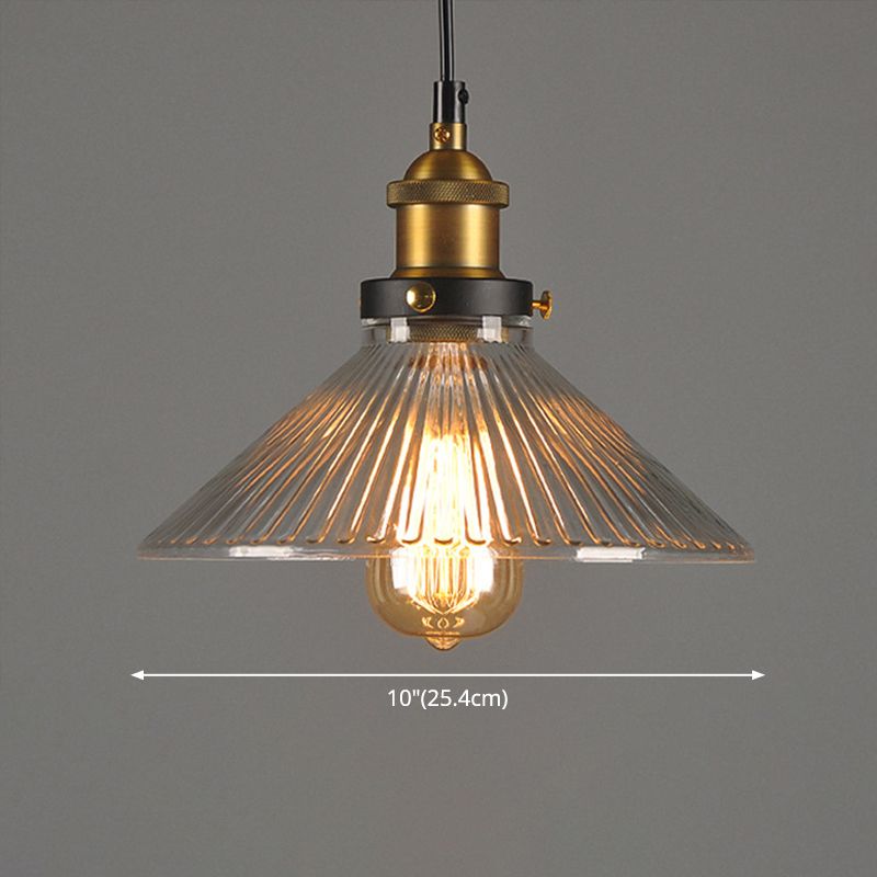 Finition en laiton 1-Light Pendant industriel en verre nerveux clair Verre conique Lumière pour barre