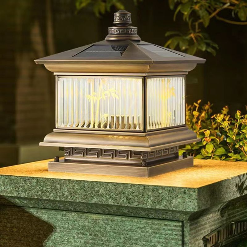 Contemporary Pillar Lamp Metal Outdoor Lamp with Glass Shade for Garden