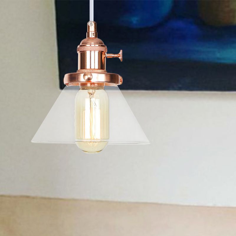 Conical Hanging Light Fixture Vintage Style Amber/Clear Glass and Metal 1 Head Kitchen Pendant Lamp in Black/Bronze/Brass