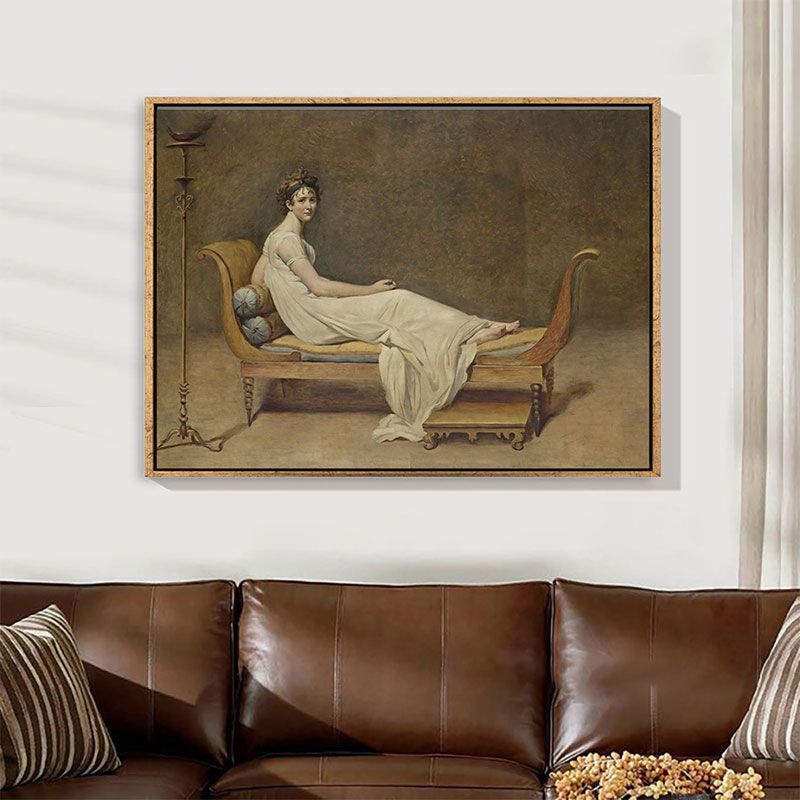 Painting of Madame Recamier Canvas Wall Art for Living Room, Yellow and White, Texture