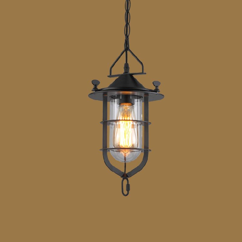 Single-Bulb Clear Glass Pendant Light Vintage Black Capsule Dining Room Pendulum Light with Cage