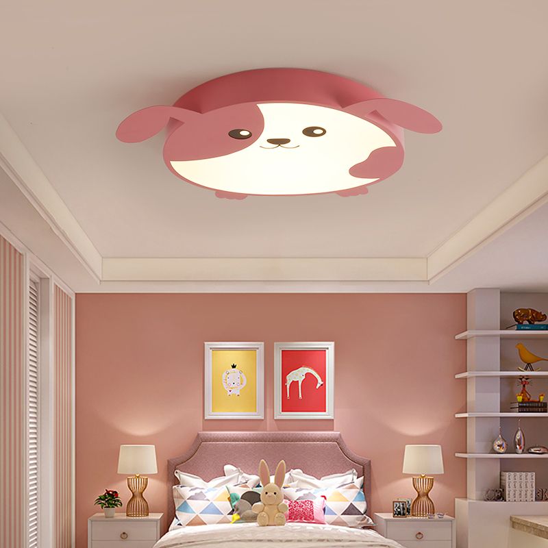 Kids Dog Shaped Flush Ceiling Light Metal LED Bedroom Pink/Green Close to Ceiling Light in Warm/White Light