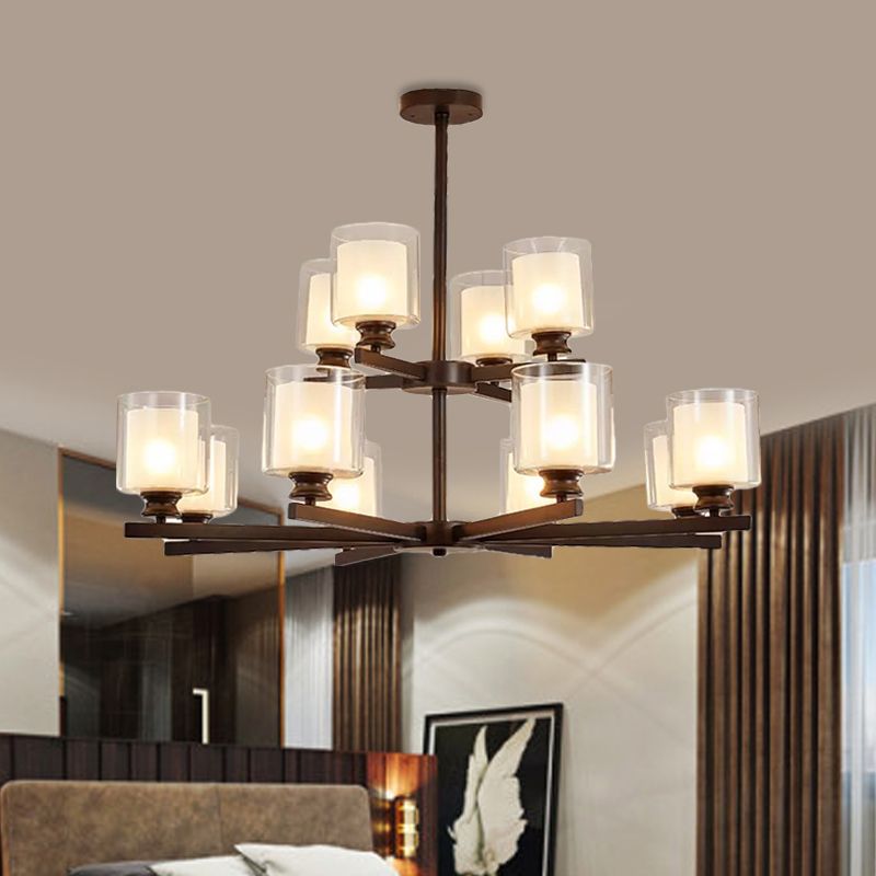 2-Tier Cylinder White Glass Chandelier with Radial Design Modernist 12 Lights Black/Gold/Sliver Hanging Light Fixture