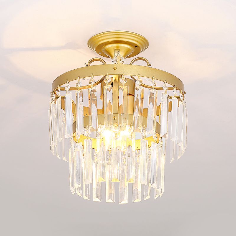 Crystal 2 Layers Semi Flush Postmodern 3/5 Bulbs Living Room Flush Mount Light Fixture in Gold