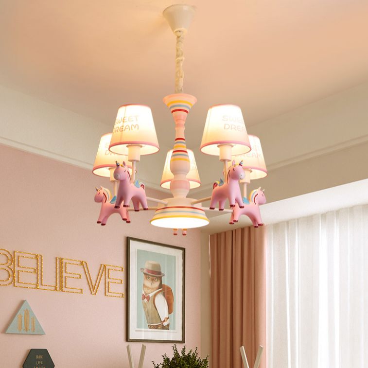 Nordic-Style Carousel Pendant Light Fixture Metal kids Bedroom Chandelier Lighting in Pink