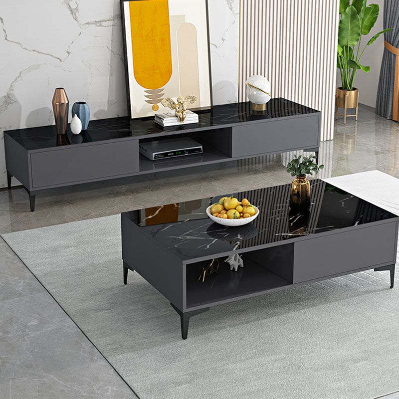 Contemporary 1-open Shelf TV Console, Black/ White TV Stand with 2 Cabinets