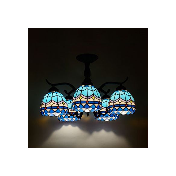 3/5 Lights Semi Flushmount with Shade Tiffany Style Stained Glass Semi Flush Lamp in Red/Blue/Green/Blue-White for Stairway