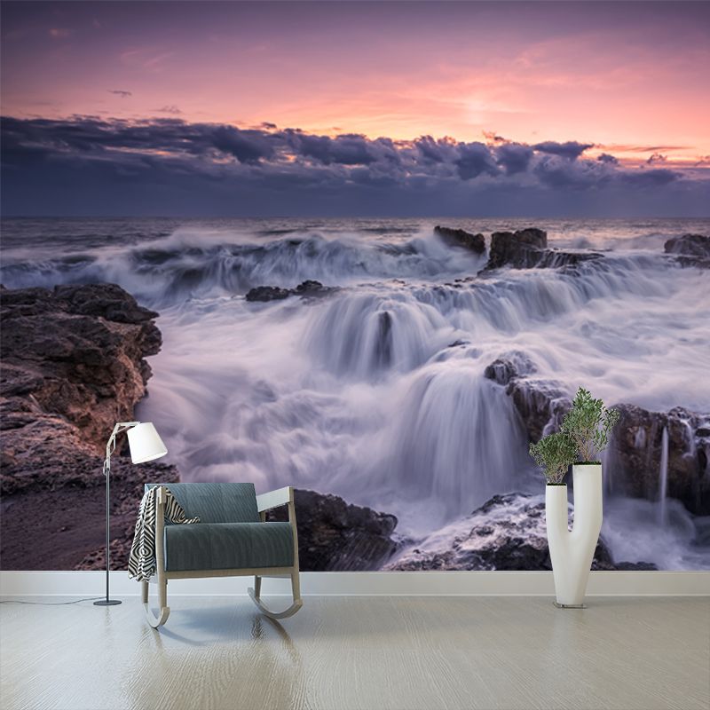 Tropical Nightfall Sea Cascade Mural Grey-White Moisture Resistant Wall Art for Bedroom