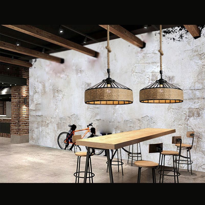 Rope Beige Ceiling Pendant Light Drum Industrial Style Commercial Pendant Lighting