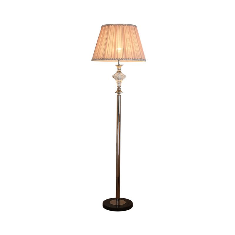 Modern Rhombus-Like Floor Lamp Clear Crystal 1 Head Parlor Standing Light in Champagne with Cone Fabric Shade