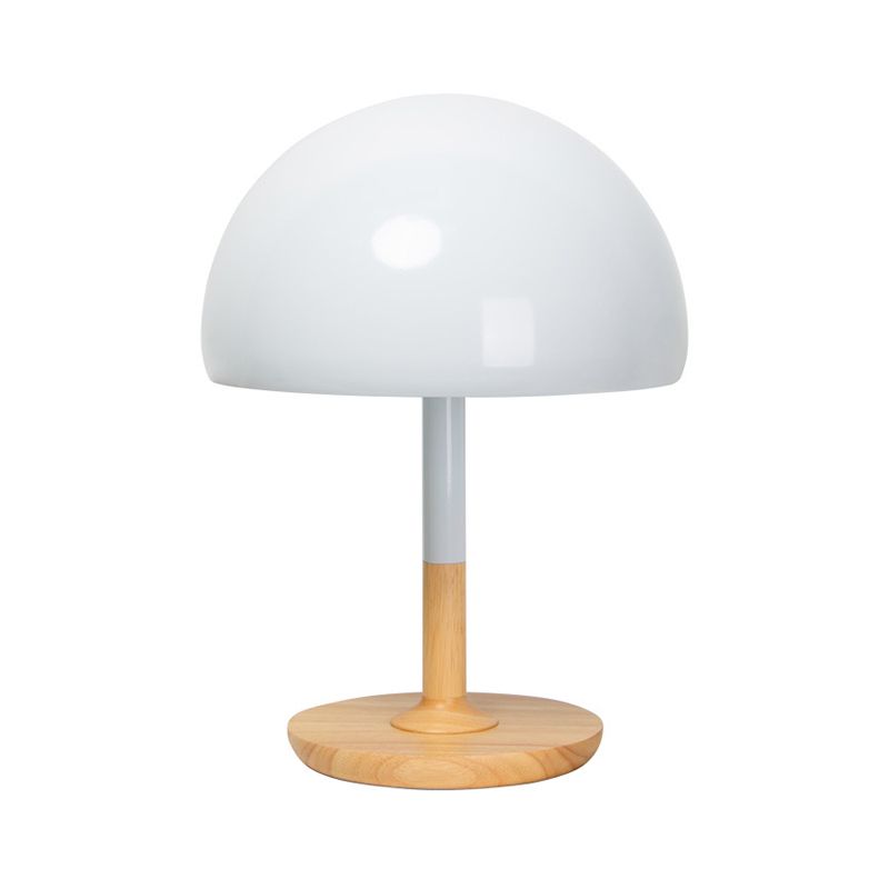 Metal Hemisphere Desk Lamp Modern 1 Head White Table Light, Circular Beige Wood Base