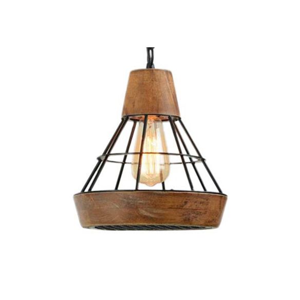 Wood and Metal Diamond Cage Hanging Lamp Rustic Single Light Kitchen Pendant Lamp