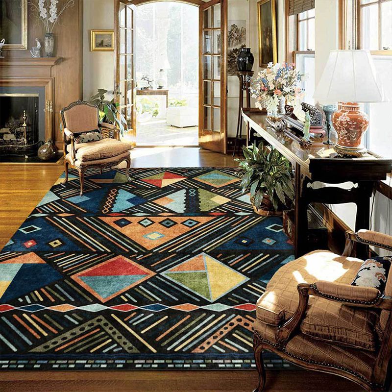 Blue Multicolor Tribal Rug Polyester Geometric and Striped Pattern Rug Washable Non-Slip Backing Carpet for Living Room