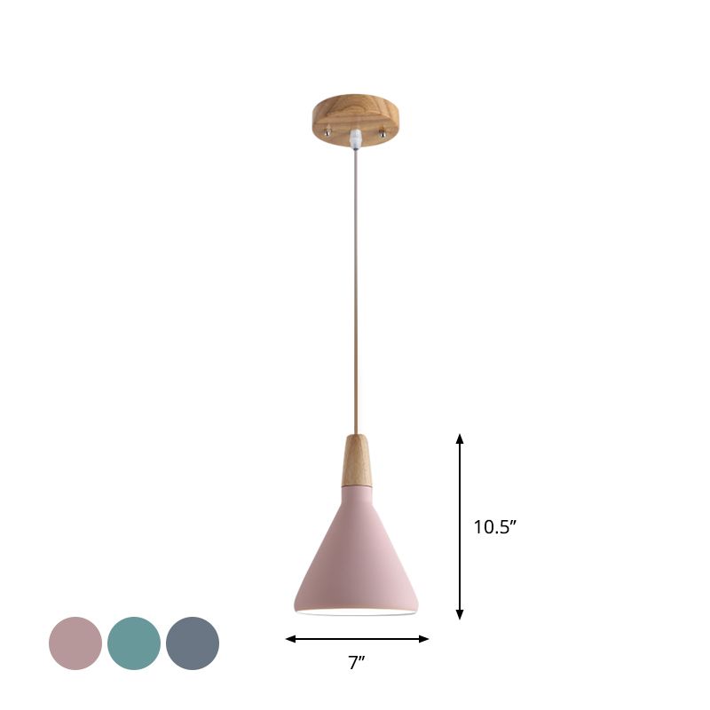 Grey/Pink/Green Cone Hanging Lamp Macaron 1 Bulb Aluminum Ceiling Pendant with Wood Top for Dining Room