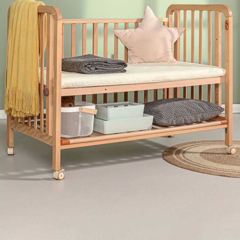 Light Wood Baby Crib Toddler Guard Rails Included Nursery Bed with Casters