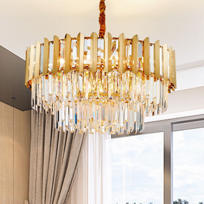 8-Light Stainless Steel Pendant Lighting Modern Brass Round Hanging Chandelier Light with Crystal Prism