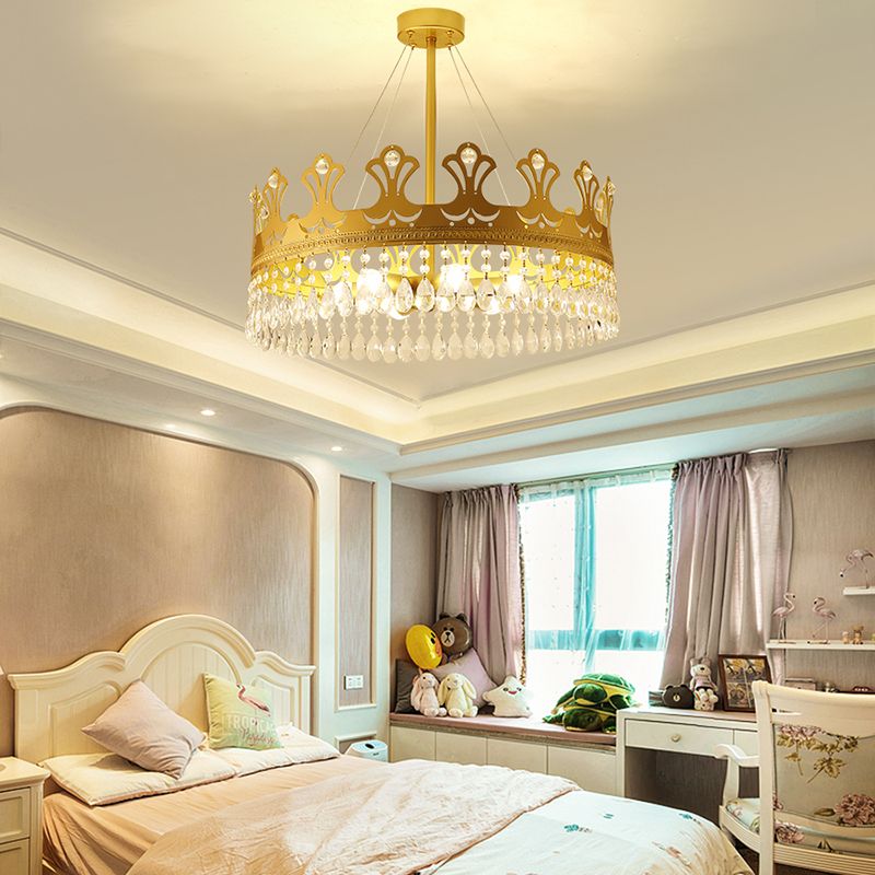 Crown Chandelier Lamp Simplicity Metal 3/4/6 Lights Bedroom Pendant Lighting in Brass with Crystal Drop, 12"/18"/23.5" W