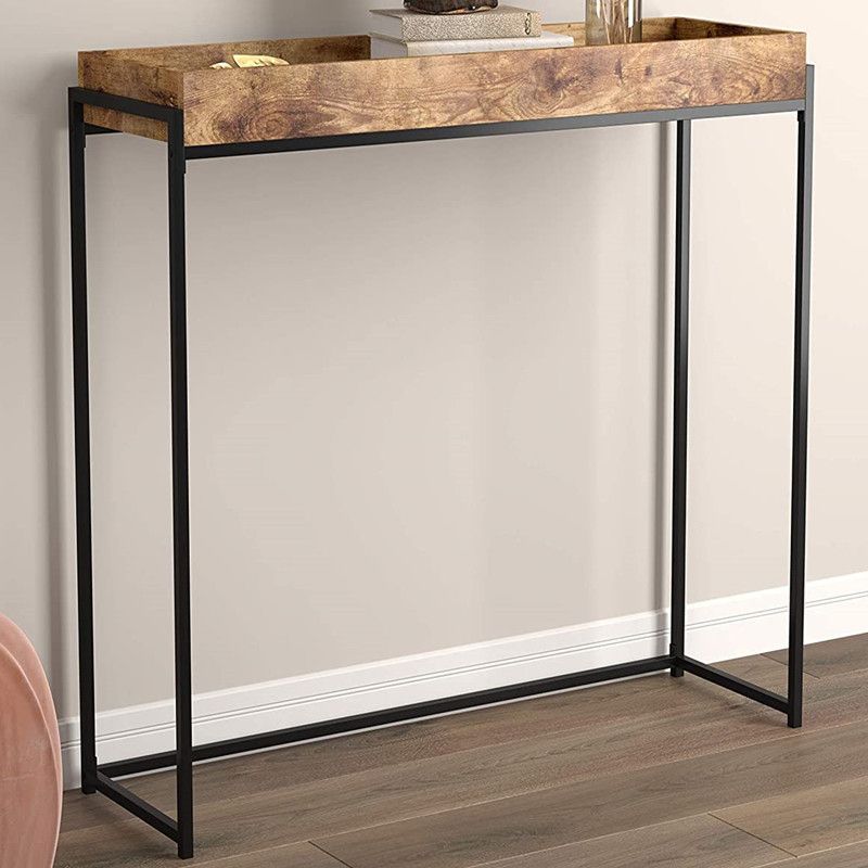 Mid-Century Modern Console Table with Brown Tray Top and Black Base Table