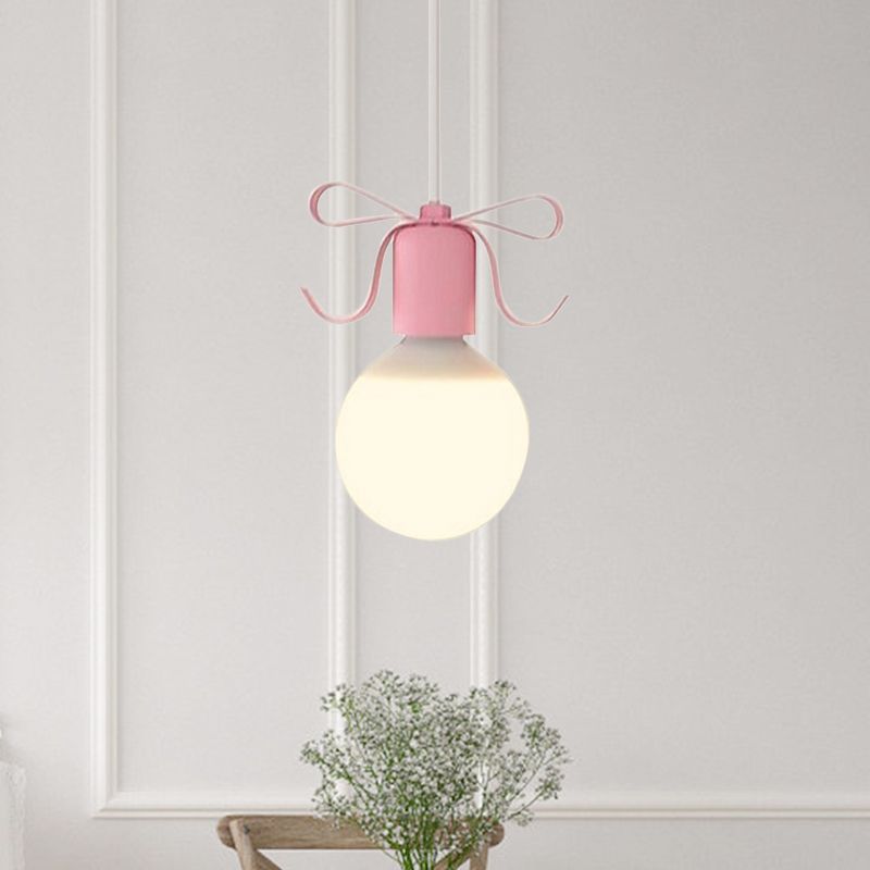 White Glass Modo Hanging Light Kit Macaron 1-Head Grey/Pink Finish Ceiling Pendant Lamp with Bow Deco