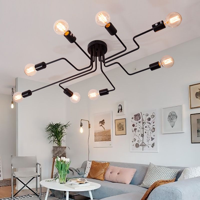 Black Sputnik Semi Flush Mount in Industrial Vintage Style Affermazione Luce con gambo metallico per camera da letto