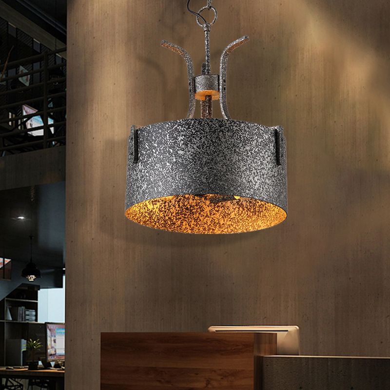 Metal Black Pendant Lamp Drum Shade 3-Light Vintage Chandelier Light Fixture with Elk, 12.5"/20" Wide