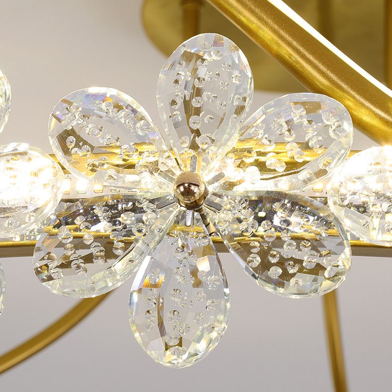 Gold Circular LED Ceiling Fixture Minimalist Flower Crystal Semi Flush Mount Light for Bedroom