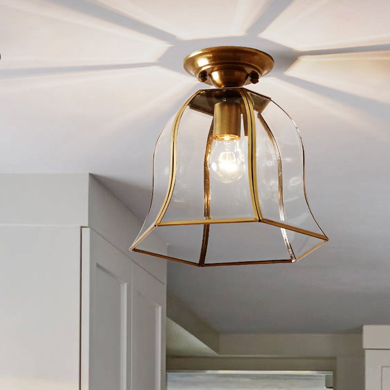 Clear Glass Bell Ceiling Lighting Colonial 1 Head Foyer Flush Mount Fixture in Brass