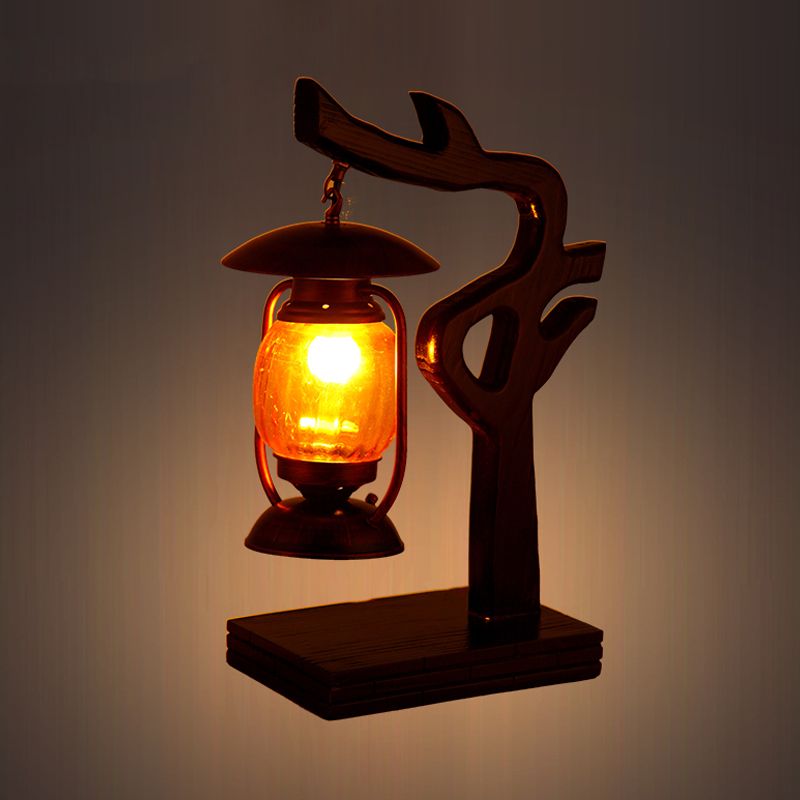 Factory Kerosene Desk Lamp 1 Light Yellow Glass Table Lighting in Copper with Wood Tree Design