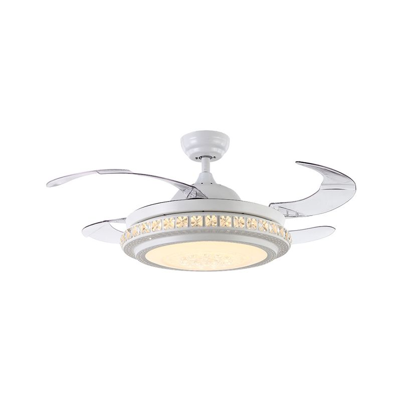 42" W Crystal Circle Semi Flush Modernist LED Living Room Ceiling Fan Lighting in White with 4 Blades, Wall/Remote Control/Frequency Conversion and Remote Control