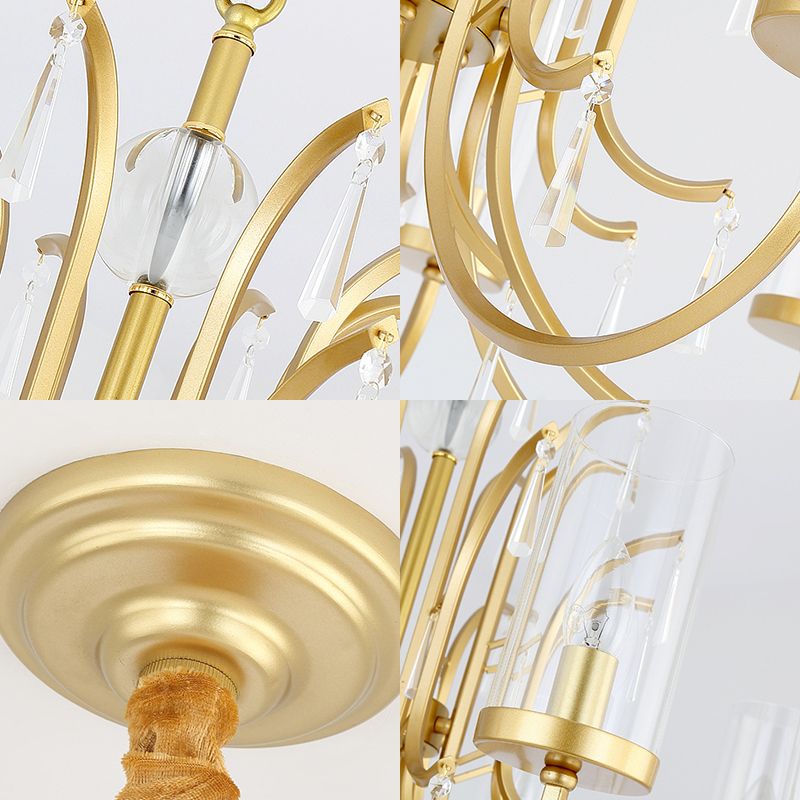 Modernism Cylinder Pendant Light Clear Glass 4/6/8 Lights Chandelier Lamp with Crystal Accent in Gold Finish