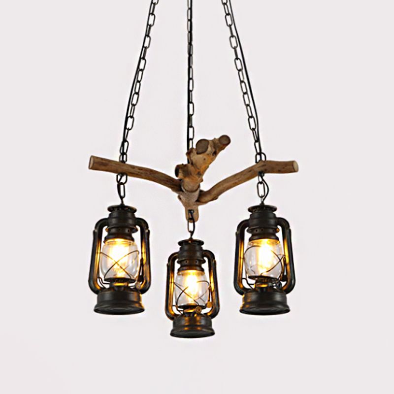 3/4 Lights Lantern Ceiling Light with Adjustable Metal Chain Industrial Clear Glass Hanging Chandelier in Black