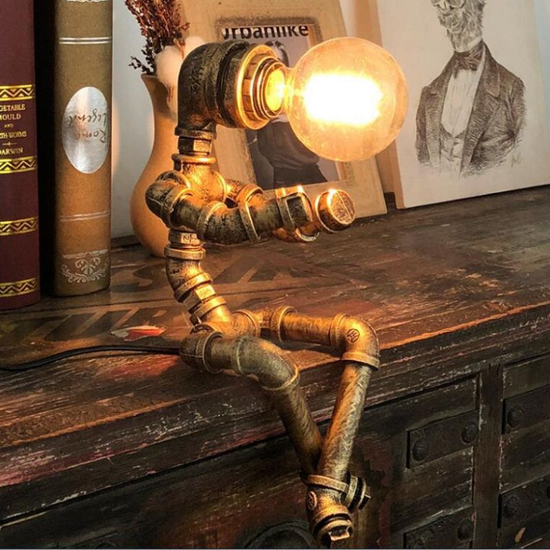 Steampunk Robot Pipe Night Light 1 Head Whited Iron Table Light pour les garçons chambre