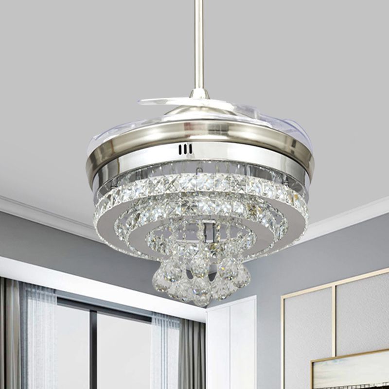 Minimalist LED Pendant Fan Light Chrome Circle 4 Blades Semi Flush Mount with Beveled Crystal Shade, 19" W