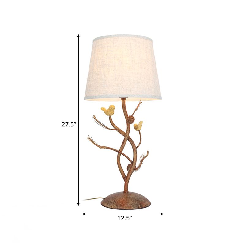 Drum Bedroom Night Table Lamp Country Style Fabric 1 Light Beige Desk Light with Tree and Bird