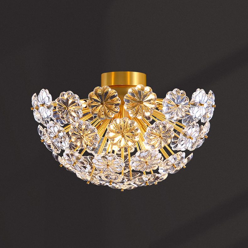 Brass Close to Ceiling Lamp Minimalist Crystal Shaded Ceiling Mounted Fixture