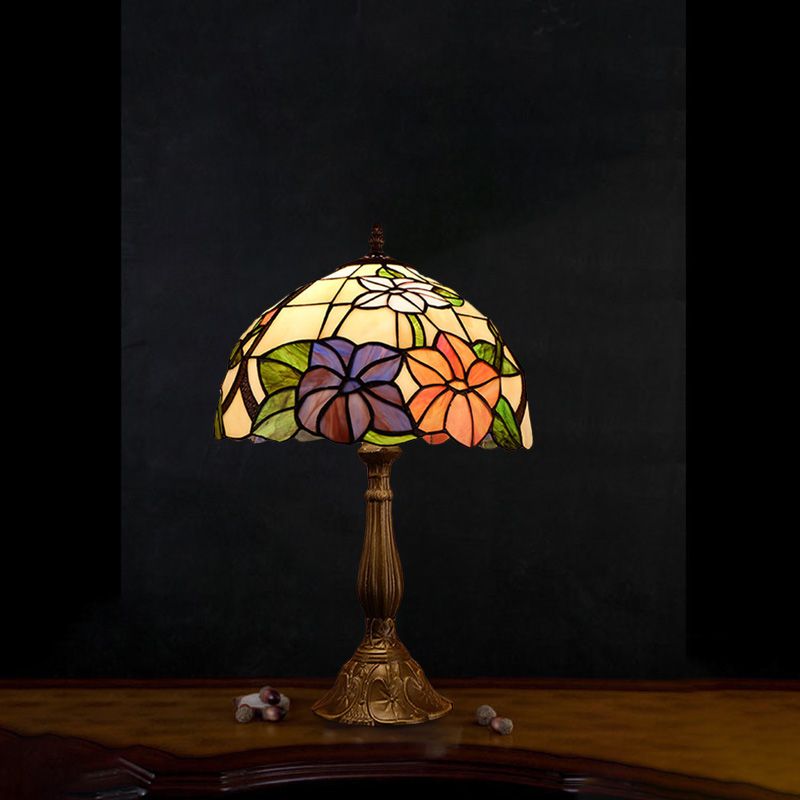 Tiffany Dome Shade Table Light 1-Bulb Stained Art Glass Night Lighting in Bronze with Bloom Pattern