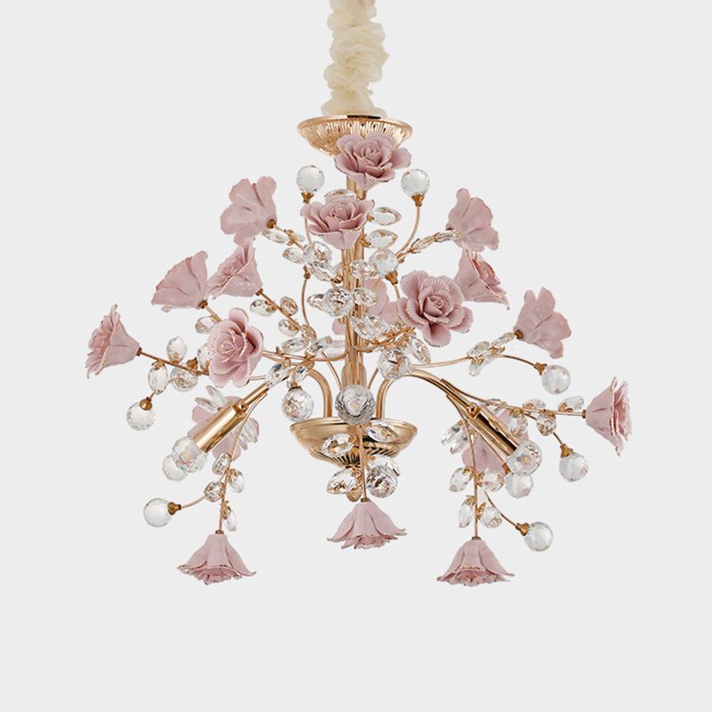 Luxury Crystal Chandelier Rural Ceramic Flower Living Room Hanging Light in Pink