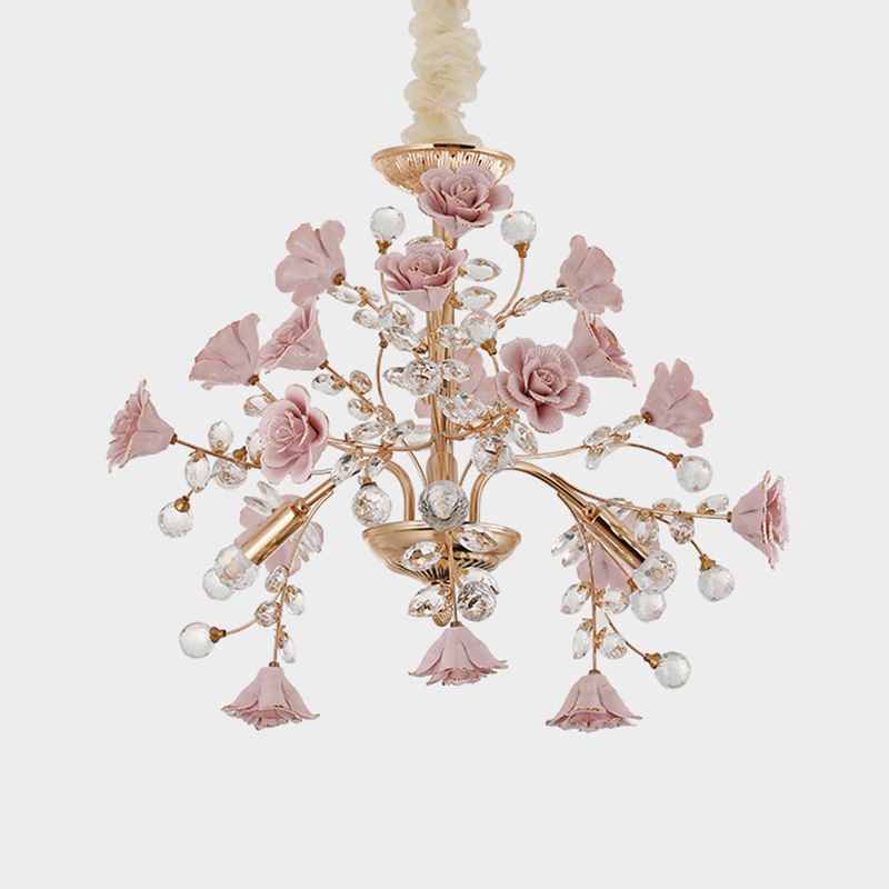 Luxury Crystal Chandelier Rural Ceramic Flower Sala de estar colgando Luz en rosa