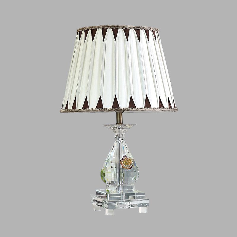 Single Bulb Table Lamp Rural Pleated Shade Fabric Night Light in White with Crystal Base for Bedroom