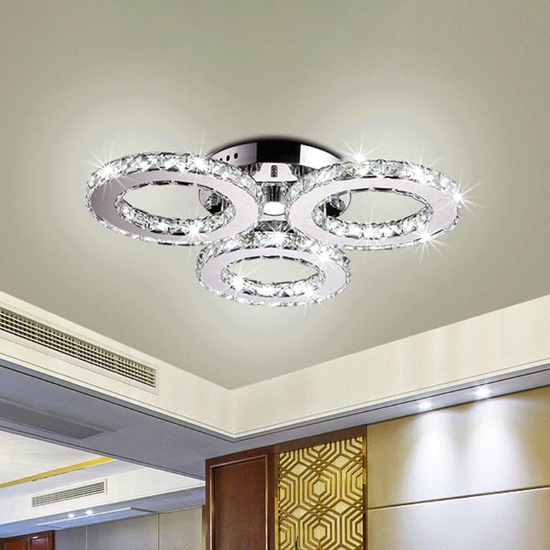 Circular Flush Mount Fixture Minimalist Clear Crystal LED Bedroom Ceiling Light in Chrome