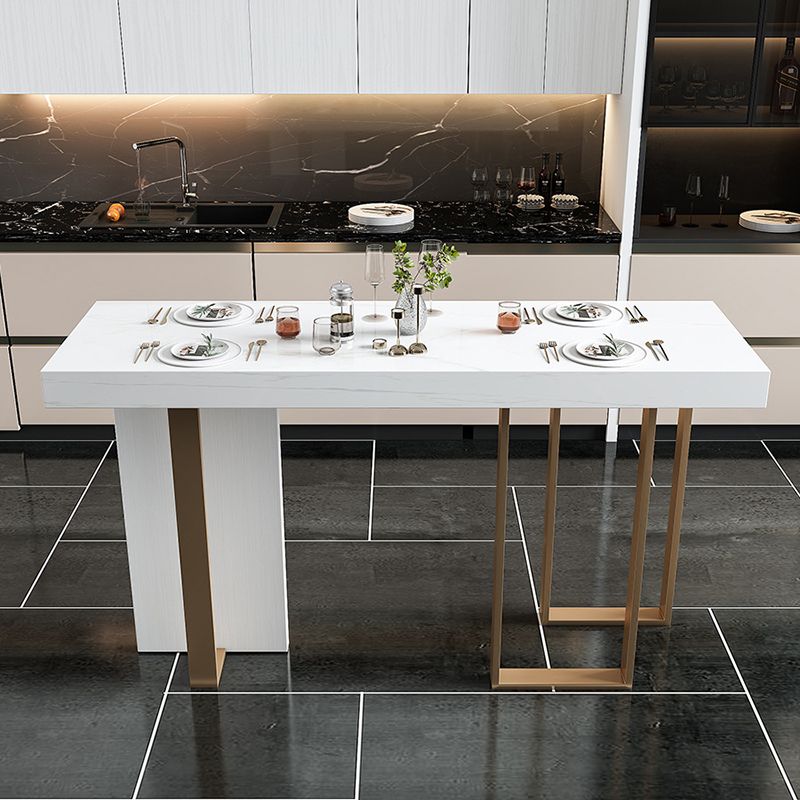 Rectangular Marble White Bar Table Modern Bistro Table with Double Pedestal