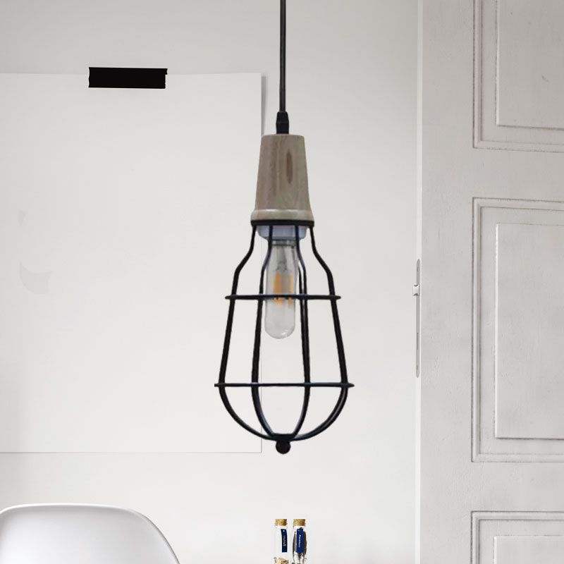 Mini Caged Suspension Light Rustic Lodge Metal 1 Bulb Pendant Lighting in Black for Coffee Shop