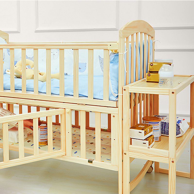 Scandinavian Pine Arched Baby Crib with Casters Wood Nursery Crib with Storage