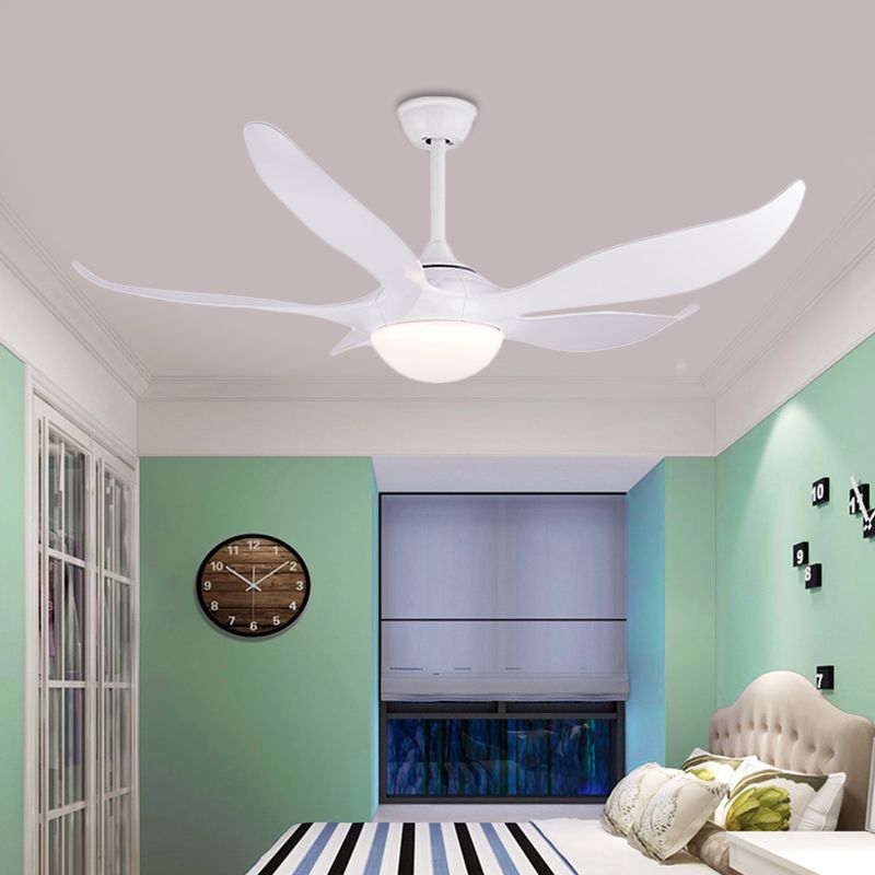 56" W White LED Ceiling Fan Lamp Modernist Acrylic Dome Semi Flush Mounted Lamp with 5 Blades for Bedroom