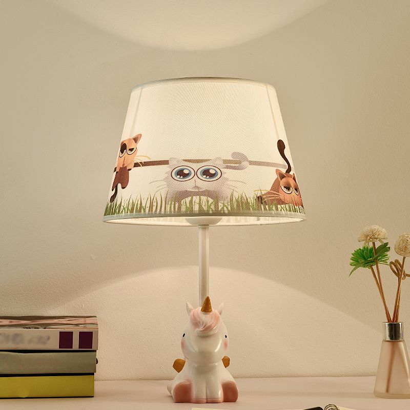 Fabric Cone Reading Lamp Cartoon 1 Light White/Pink/Blue Table Light with Rainbow Unicorn Base