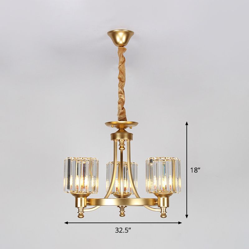 Metal Round Chandelier Lighting Contemporary 3/6-Bulb Gold Ceiling Pendant Light with Drum Crystal Prisms Shade