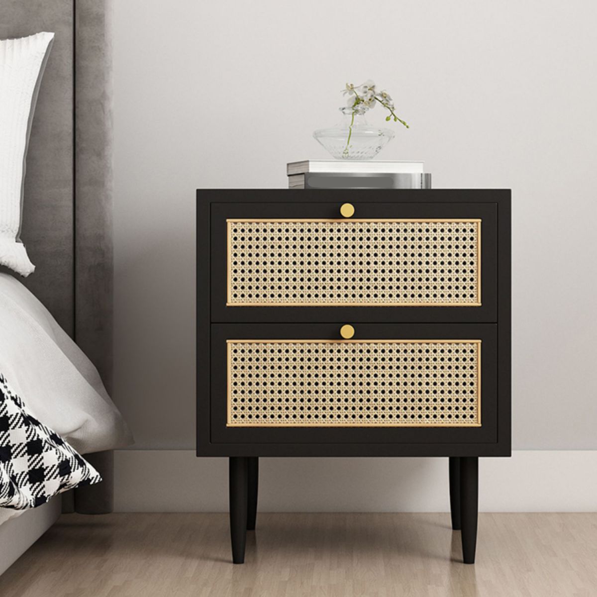 Wicker & Rattan Modern Night Table Solid Wood 2-Drawer Storage Nightstand in Black/White