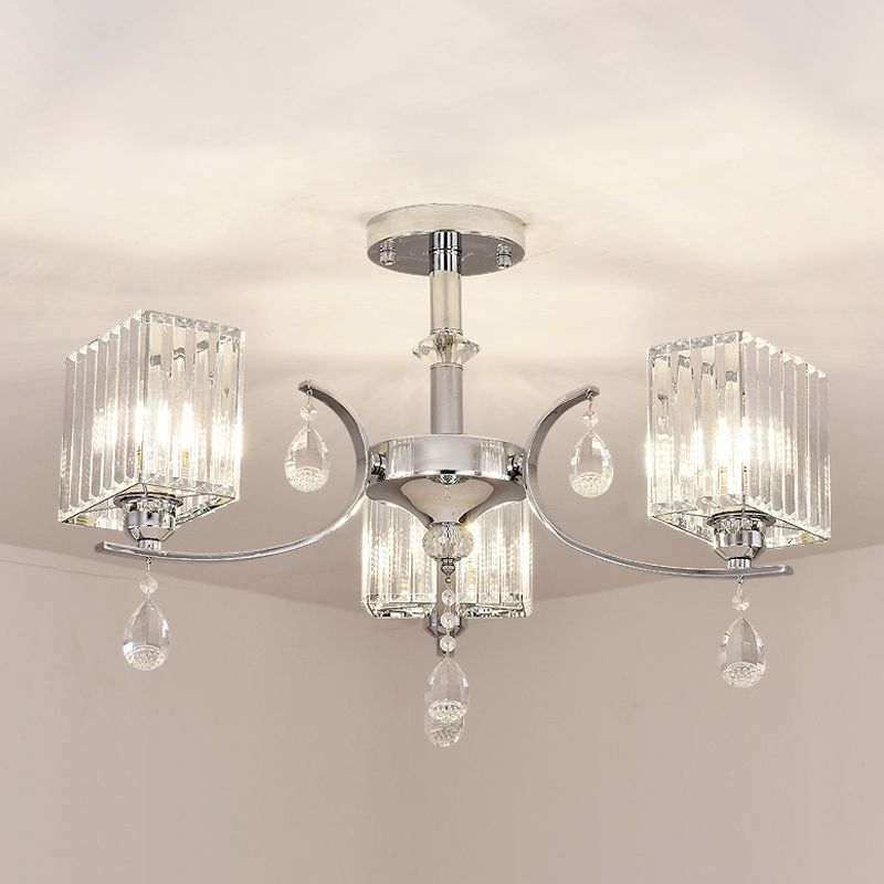 Crystal Prisms Cuboid Ceiling Light Simple 3 Heads Chrome Semi Flush Chandelier with Drop Deco