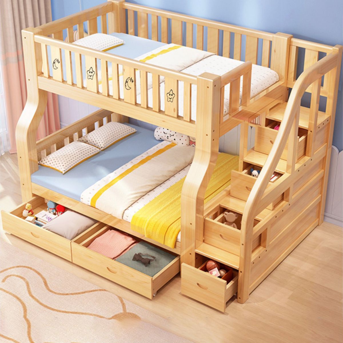 Solid Wood Scandinavian Kids Bed Gender Neutral Bunk Bed with Shelves