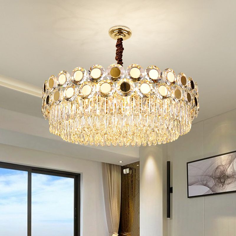 Drum Faceted Crystal Hanging Chandelier Contemporary 9 Heads Brass Ceiling Pendant Light